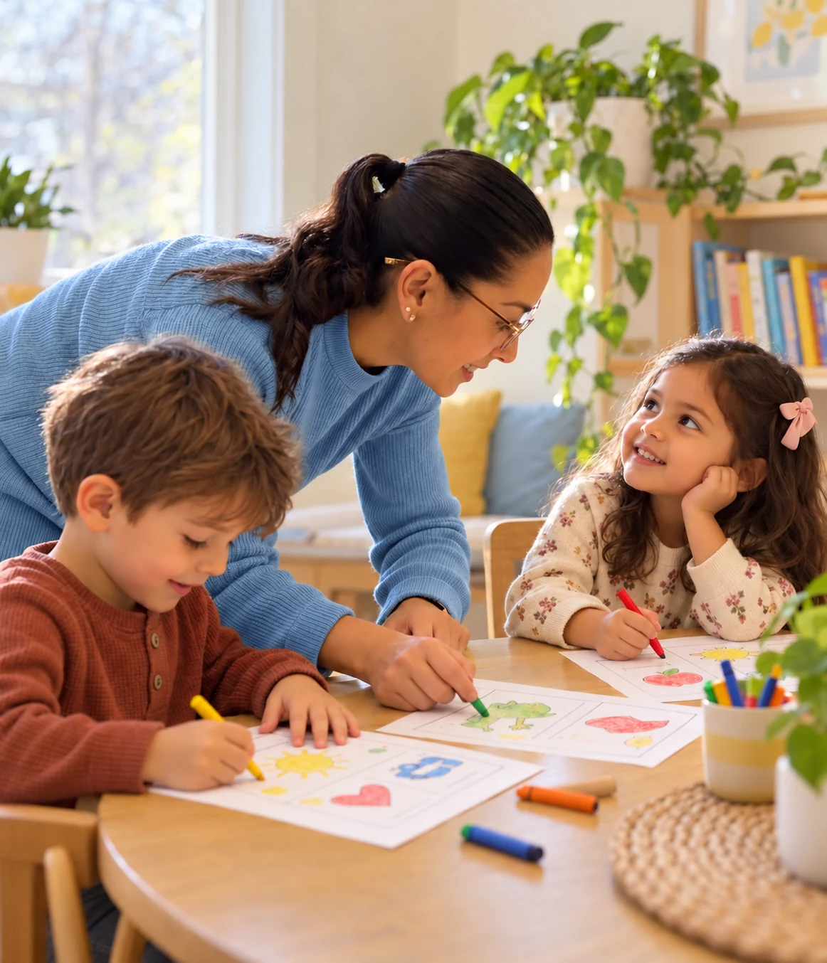Teacher Luisa helping two children with a Spanish learning activity at home